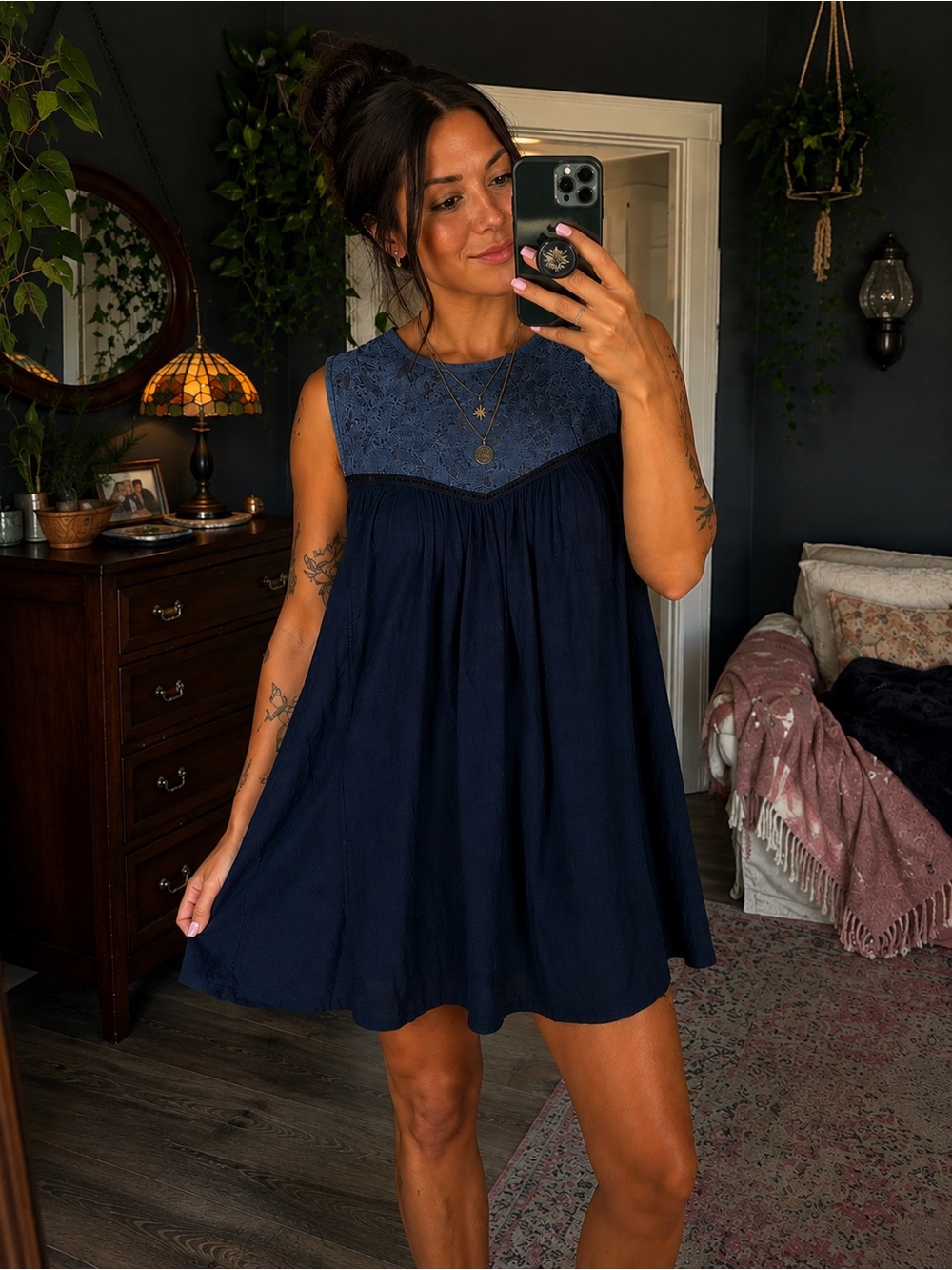 Sleeveless Navy Lace Yoke Mini Dress - Women